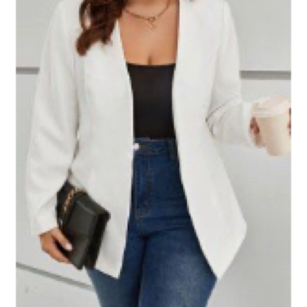 SHEIN Curve - Plunging Neck Single Button White Blazer, 3XL